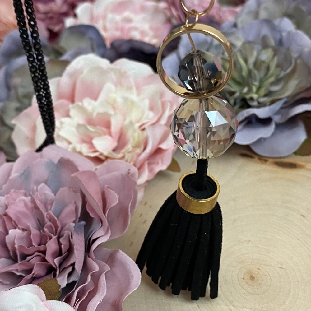 Chic Clear Sphere Long Black and Gold Tassel Necklace - Picture 8 of 11